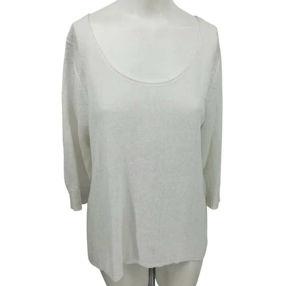Eileen Fisher White Linen Blend 3/4 Sleeve Loose Knit Sweater Size M Petite